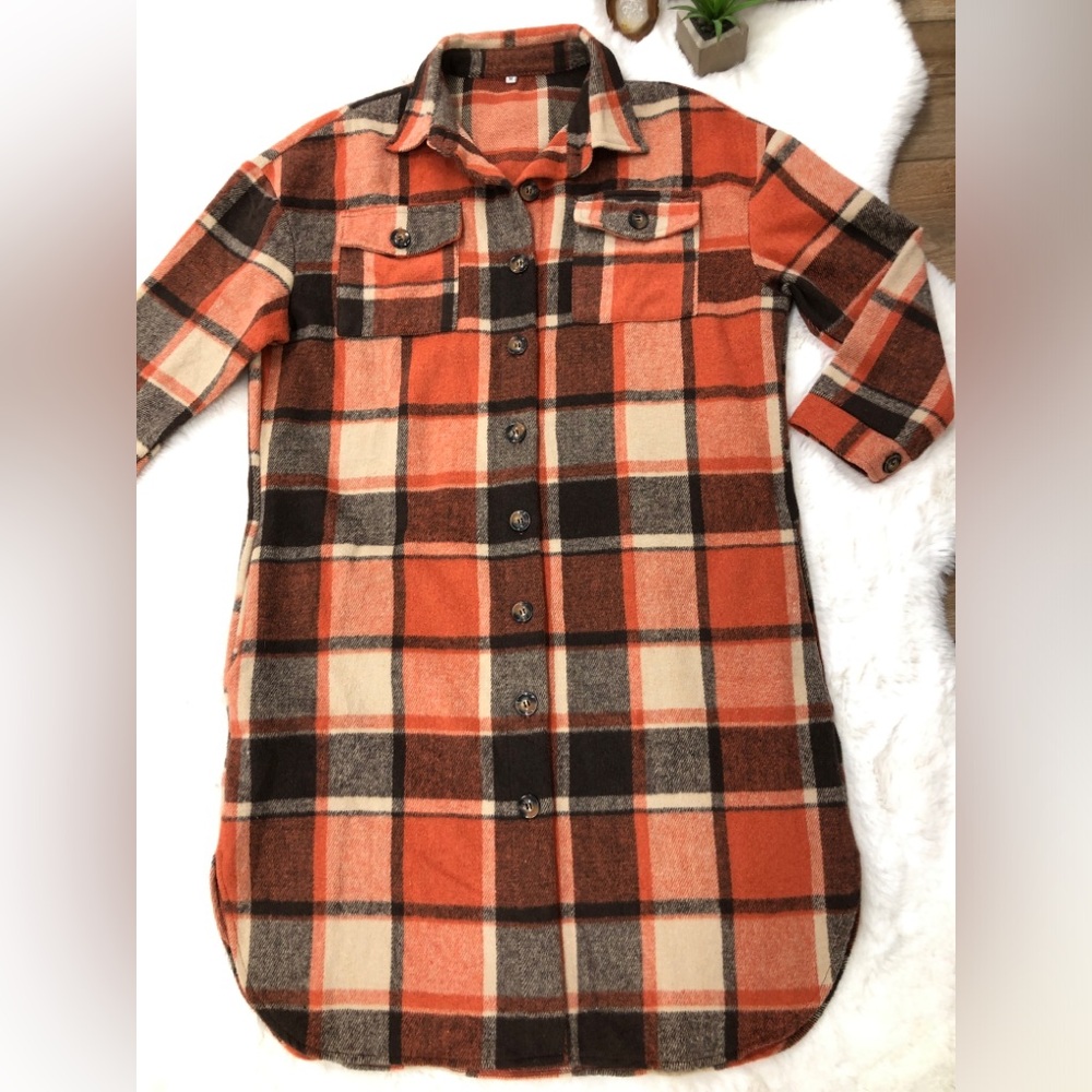Brown & Orange Plaid Cozy Long Shacket Jacket Dress